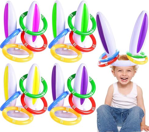 [ 16 Score Rings ] 4 Pack Inflatable Bunny Rabbit Ears Ring Toss Game for Kids Toy Gifts for Carnival Outdoor Game Easter Party Supplies 4 Color Girl Boy Easter Basket Stuffers Hat in Saudi Arabia