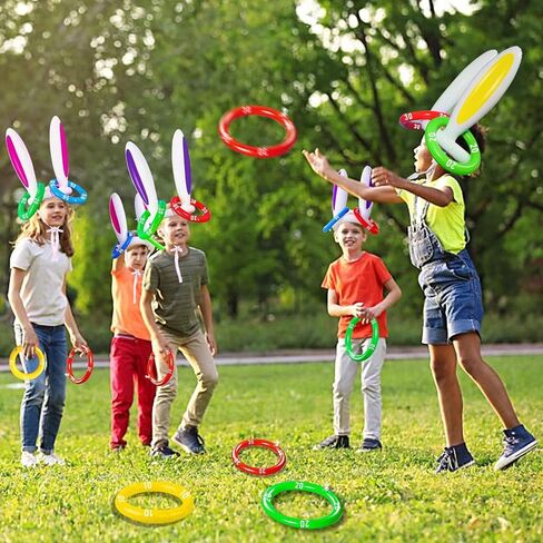 [ 16 Score Rings ] 4 Pack Inflatable Bunny Rabbit Ears Ring Toss Game for Kids Toy Gifts for Carnival Outdoor Game Easter Party Supplies 4 Color Girl Boy Easter Basket Stuffers Hat in Saudi Arabia