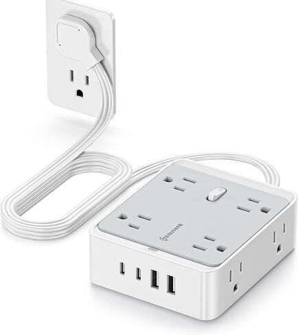 Surge Protector Power Strip, REALMADE 8 AC 4 UAB Power Strip with 950J Surge Protection, Flat Plug Outlet Extender, 5Ft Extension Cord, Wall Mount Desk Charging for Home Office， Gray & White in Saudi Arabia
