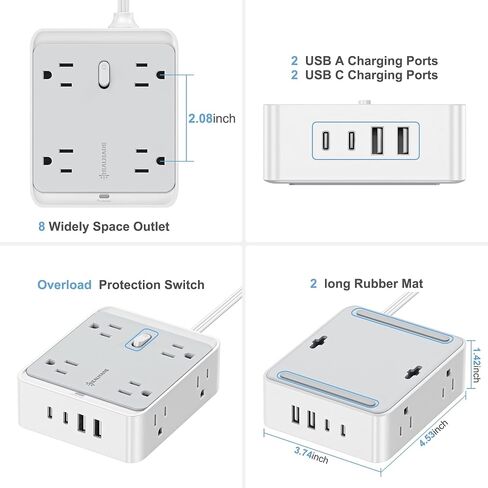 Surge Protector Power Strip, REALMADE 8 AC 4 UAB Power Strip with 950J Surge Protection, Flat Plug Outlet Extender, 5Ft Extension Cord, Wall Mount Desk Charging for Home Office， Gray & White in Saudi Arabia