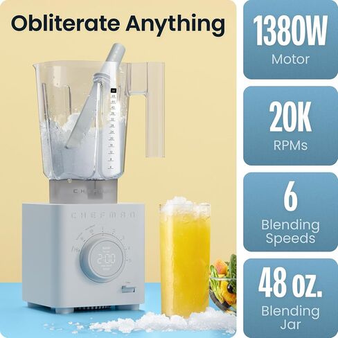 Chefman Obliterator 48 Oz Blender Confertop for Smoothies ، محرك 1380W لسحق الجليد والمكسرات والفواكه المجمدة مع شفرة الفولاذ المقاوم للصدأ ، وظيفة مزيج تلقائي ، تشمل العبث والمكشطة in Kuwait