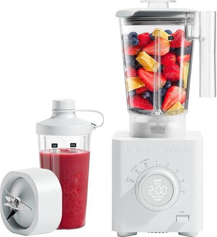 Chefman Obliterator 48 Oz Blender Confertop for Smoothies ، محرك 1380W لسحق الجليد والمكسرات والفواكه المجمدة مع شفرة الفولاذ المقاوم للصدأ ، وظيفة مزيج تلقائي ، تشمل العبث والمكشطة in Kuwait