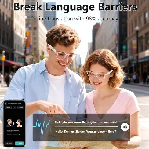 منظمة العفو الدولية نظارات ذكية ， نظارات الترجمة مع 164 لغة ، نظارات بلوتوث للرجال للنساء مع GPT الدردشة ، العدسة المادية المتغيرة ، التحكم في اللمس ، مكالمات خالية من اليدين ، مناسبة للسفر/الاجتماع/الدرج. in Kuwait