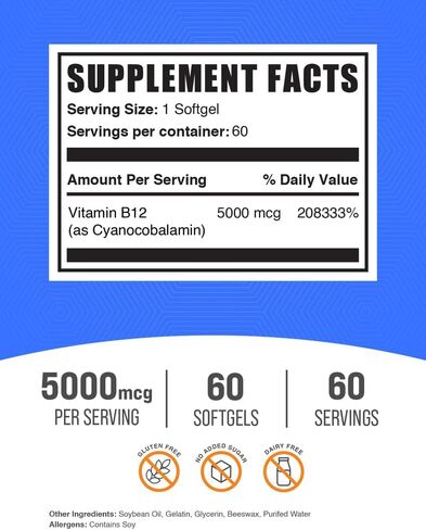BulkSupplements.com Vitamin B12 1000 mcg Softgels - as Cyanocobalamin, Vitamin B12 Supplement - Essential Vitamin B, Gluten Free, 1 Softgel per Serving, 60 Count (Pack of 1) in Saudi Arabia