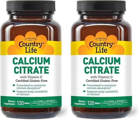Country Life Calcium Citrate with Vitamin D, 120 Tablets, Certified Gluten Free, Certified Vegan, Certified Halal, Non-GMO Verified in Saudi Arabia