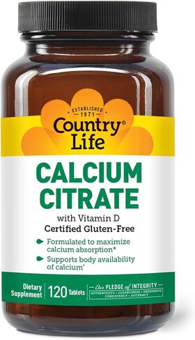 Country Life Calcium Citrate with Vitamin D, 120 Tablets, Certified Gluten Free, Certified Vegan, Certified Halal, Non-GMO Verified in Saudi Arabia