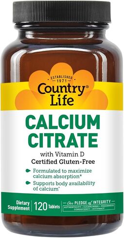 Country Life Calcium Citrate with Vitamin D, 120 Tablets, Certified Gluten Free, Certified Vegan, Certified Halal, Non-GMO Verified in Saudi Arabia