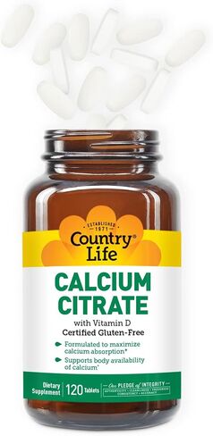 Country Life Calcium Citrate with Vitamin D, 120 Tablets, Certified Gluten Free, Certified Vegan, Certified Halal, Non-GMO Verified in Saudi Arabia