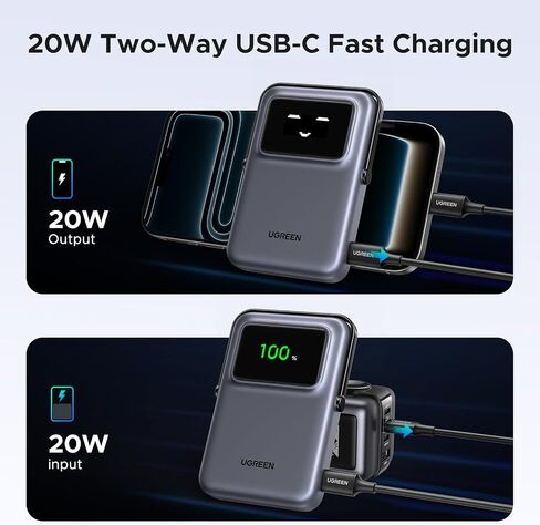 UGREEN Uno 10000mAh Magnetic Portable Charger, Qi 7.5W Wireless Power Bank, PD 20W USB C Battery Pack with Foldable Stand and TFT Display MagSafe Compatible iPhone 16/15 /14/13/12 Series, Black in Kuwait