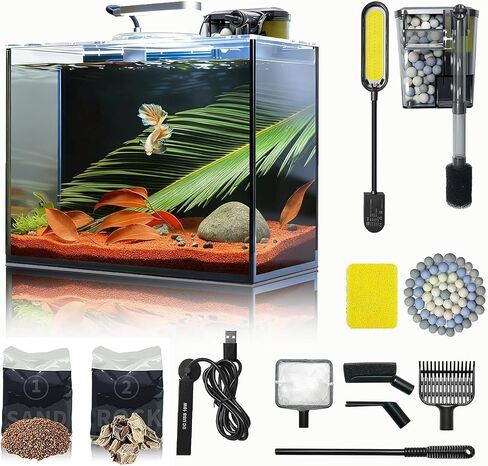 10 Gallon Aquarium Set Glass Fish Tank, Heater Self Cleaning System Filter with Media Bright Light Cleaning Tool, Leak-Proof Clear Rimless Betta Tropical Freshwater Fish in Kuwait