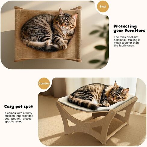 Cat Hammock Bed, Wooden Elevated Cat Beds with Natural Sisal Scratching Mat, Cats Scratcher Bed with Removable Soft Cushion, Cats Scratching Beds with Wood Frames, 22" L x 17.7" W in Saudi Arabia