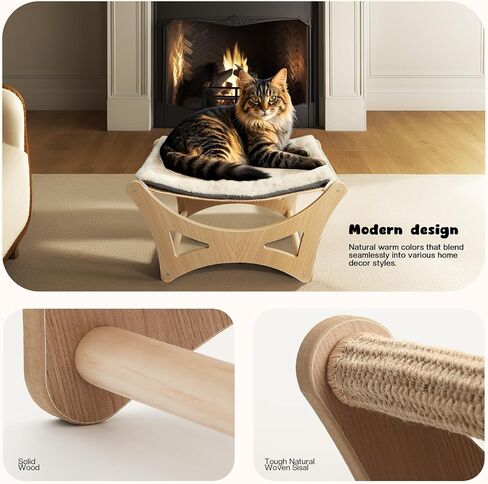 Cat Hammock Bed, Wooden Elevated Cat Beds with Natural Sisal Scratching Mat, Cats Scratcher Bed with Removable Soft Cushion, Cats Scratching Beds with Wood Frames, 22" L x 17.7" W in Saudi Arabia