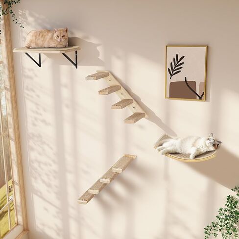 Cat Wall Shelf with Curved Hammock Bed, Wall Mounted Cat Perch with Beige Soft Foam Cushion, Floating Wall Furniture for Climbing, Sleeping & Lounging in Kuwait