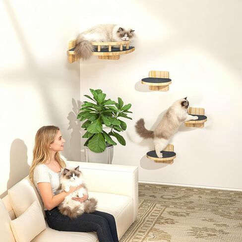 أرفف حائط للقطط من XiaZ، رف زاوية للقطط مع 3 خطوات جثم واسعة، أثاث خشبي متسلق حائط كيتي يصل إلى 25 رطل، سلالم القطط العائمة الحديثة للنوم الداخلي واللعب والتسلق in Kuwait