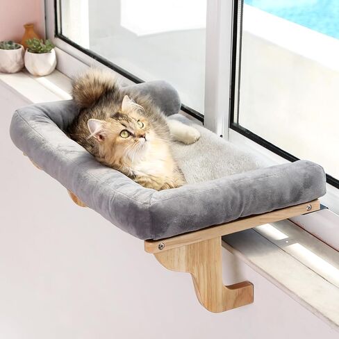 Zakkart Cat Perch for Window Sill with Bolster - Orthopedic Hammock Design with Premium Hardwood & Robust Metal Frame - Cat Window Seat for Large Cats and Kittens - Natural Color Wood Gray Bed, 24''W in Saudi Arabia