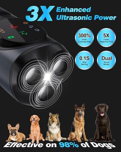2025 Ultrasonic Dog Bark Deterrent Devices with 3 Emitters & SOS Flashlight, Humane Anti-Bark Trainer, 50FT Range, 90-Day Battery, Multi-Mode Rechargeable Dog Deterrent for Indoor & Outdoor Use in Saudi Arabia