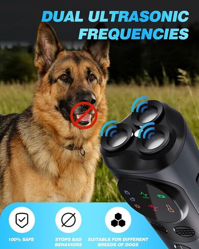 2025 Ultrasonic Dog Bark Deterrent Devices with 3 Emitters & SOS Flashlight, Humane Anti-Bark Trainer, 50FT Range, 90-Day Battery, Multi-Mode Rechargeable Dog Deterrent for Indoor & Outdoor Use in Saudi Arabia