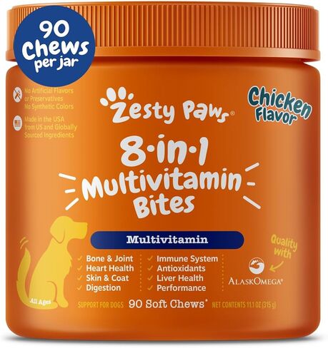 Zesty Paws Dog Multivitamin, Chewable Dog Vitamins and Supplements for Hip & Joints, Skin & Coat, Omega 3 Fish Oil for Dogs- Senior & Puppy Multivitamin- Chicken- 90ct in Kuwait