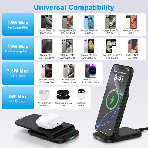 Foldable Samsung Wireless Charger Stand Fast Charging for Samsung Galaxy S25 Ultra S24 FE S23 S22 S21 S20 Z Flip7, Android Phone Wireless Charger Station for Google Pixel 10 9 Pro XL Fold with Adapter in Saudi Arabia