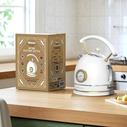 Rasonic Classic Retro Electric Kettle, 1.8L Stainless Steel, 1500W Fast Quiet Boiling, Temperature Gauge, LED Light, Auto Shut-Off, Home & Office Use - White and Champagne Gold in Saudi Arabia