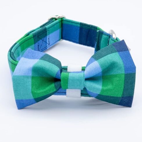 Personalized Spring Blue Plaid Dog Collar and Bowtie | Green and Blue Plaid Boy Dog Collar | Matching Collar & Bowtie | Handmade Designer Collar (Small, Bowtie only) in Saudi Arabia