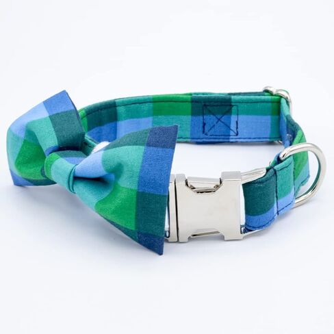 Personalized Spring Blue Plaid Dog Collar and Bowtie | Green and Blue Plaid Boy Dog Collar | Matching Collar & Bowtie | Handmade Designer Collar (Small, Bowtie only) in Saudi Arabia