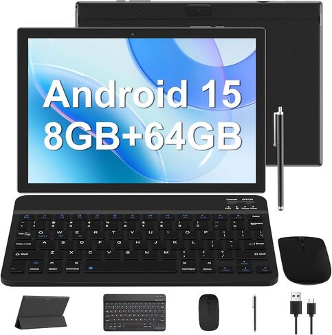 CUPEISI Android 15 Tablet 10.1 Inch 2 in 1 Tablets with Keyboard/Mouse/Case/Stylus, 8GB RAM+32GB ROM (Max 1TB), 1.8Ghz Quad-core Processor, 1280 * 800 IPS HD Touch Screen, 2.4G/5G Wifi6 BT 5.0 Tablet in Kuwait