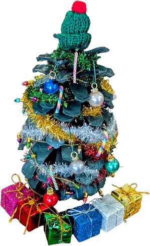 Pinecone Christmas Tree Craft Kit with Lights, Ornaments, Tinsel, Candy Canes, Presents, and Hats, Miniature Christmas Tree in Saudi Arabia