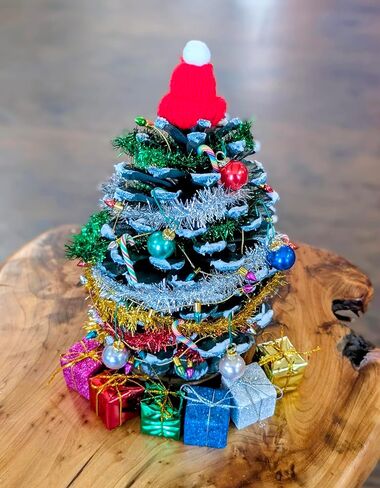 Pinecone Christmas Tree Craft Kit with Lights, Ornaments, Tinsel, Candy Canes, Presents, and Hats, Miniature Christmas Tree in Saudi Arabia