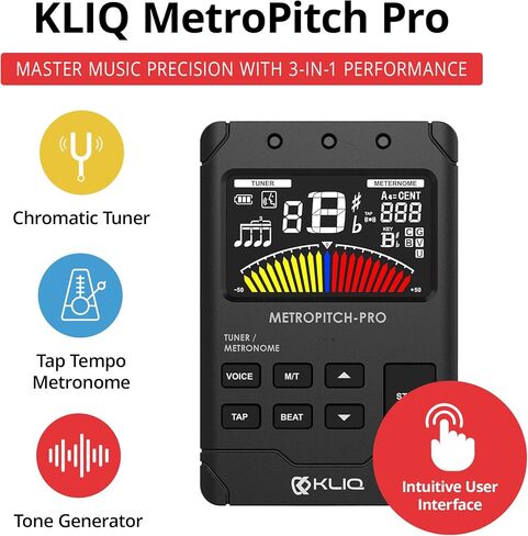 KLIQ MetroPitch - موالف Metronome لجميع الأدوات - مع الجيتار، والجير، والكمان، والقيثارة، وأوضاع الضبط اللوني (MetroPitch، أسود) in Saudi Arabia