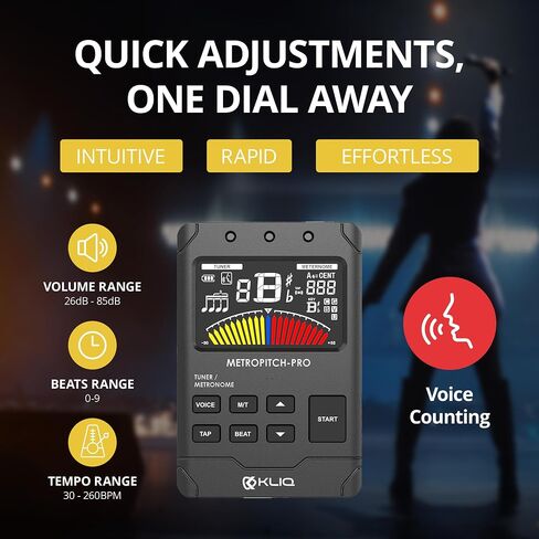 KLIQ MetroPitch - موالف Metronome لجميع الأدوات - مع الجيتار، والجير، والكمان، والقيثارة، وأوضاع الضبط اللوني (MetroPitch، أسود) in Saudi Arabia