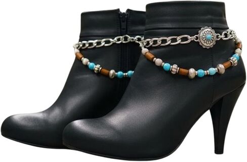 Women’s Boot Chain Anklet Set (Pair) – Western Flower Charm + Silver Chain, Turquoise & Wood Beads, Adjustable Size – Shoe/Boot Bracelet Jewelry, Made in USA (BC41) in Saudi Arabia