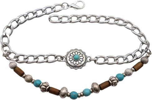 Women’s Boot Chain Anklet Set (Pair) – Western Flower Charm + Silver Chain, Turquoise & Wood Beads, Adjustable Size – Shoe/Boot Bracelet Jewelry, Made in USA (BC41) in Saudi Arabia