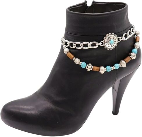 Women’s Boot Chain Anklet Set (Pair) – Western Flower Charm + Silver Chain, Turquoise & Wood Beads, Adjustable Size – Shoe/Boot Bracelet Jewelry, Made in USA (BC41) in Saudi Arabia
