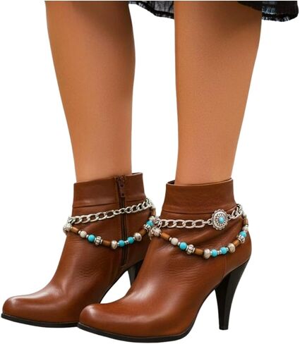 Women’s Boot Chain Anklet Set (Pair) – Western Flower Charm + Silver Chain, Turquoise & Wood Beads, Adjustable Size – Shoe/Boot Bracelet Jewelry, Made in USA (BC41) in Saudi Arabia