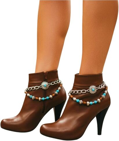 Women’s Boot Chain Anklet Set (Pair) – Western Flower Charm + Silver Chain, Turquoise & Wood Beads, Adjustable Size – Shoe/Boot Bracelet Jewelry, Made in USA (BC41) in Saudi Arabia