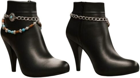 Women’s Boot Chain Anklet Set (Pair) – Western Flower Charm + Silver Chain, Turquoise & Wood Beads, Adjustable Size – Shoe/Boot Bracelet Jewelry, Made in USA (BC41) in Saudi Arabia