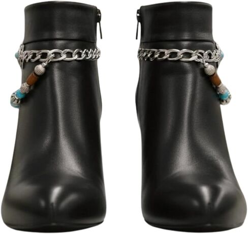 Women’s Boot Chain Anklet Set (Pair) – Western Flower Charm + Silver Chain, Turquoise & Wood Beads, Adjustable Size – Shoe/Boot Bracelet Jewelry, Made in USA (BC41) in Saudi Arabia