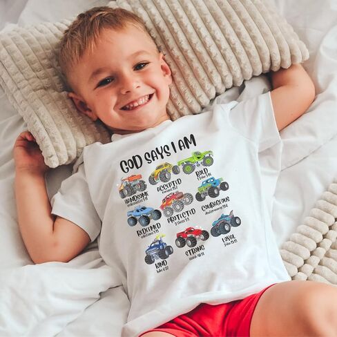 God Says I Am Monstertruck Bible Verse Christ Religious Sayings T-Shirt, God Says I am Shirt For Toddler Boy Monster Truck Car Lover Gift, Graphic Tee for Toddler Baby Boy Girl Infant Short Sleeve Top in Saudi Arabia
