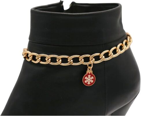 Women’s 2PCS Gold Boot Chain Anklets With Red Snowflake Charm – Adjustable 12"–15", Gold-Tone Curb Chain, Pair, Shoe/Boot Jewelry, Handmade In USA – Holiday & Christmas Outfit Accessory (BC51) in Saudi Arabia