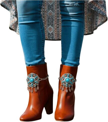 Women’s 2PCS Silver Boot Chain Bracelet Set Turquoise Flower Medallion Dangle Charms Pair for Both Boots, Western/Boho Shoe Anklet Jewelry Handmade in USA BC40 in Saudi Arabia
