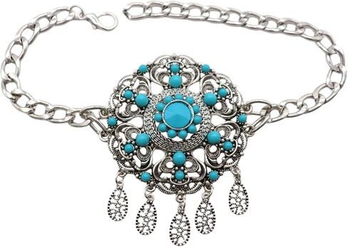 Women’s 2PCS Silver Boot Chain Bracelet Set Turquoise Flower Medallion Dangle Charms Pair for Both Boots, Western/Boho Shoe Anklet Jewelry Handmade in USA BC40 in Saudi Arabia