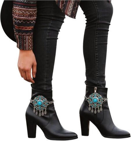 Women’s 2PCS Silver Boot Chain Bracelet Set Turquoise Flower Medallion Dangle Charms Pair for Both Boots, Western/Boho Shoe Anklet Jewelry Handmade in USA BC40 in Saudi Arabia