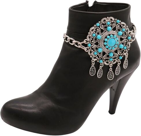 Women’s 2PCS Silver Boot Chain Bracelet Set Turquoise Flower Medallion Dangle Charms Pair for Both Boots, Western/Boho Shoe Anklet Jewelry Handmade in USA BC40 in Saudi Arabia
