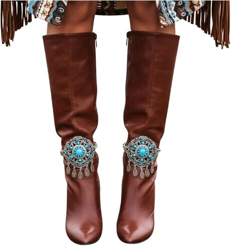 Women’s 2PCS Silver Boot Chain Bracelet Set Turquoise Flower Medallion Dangle Charms Pair for Both Boots, Western/Boho Shoe Anklet Jewelry Handmade in USA BC40 in Saudi Arabia