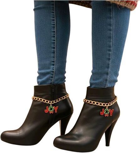 Women’s Boot Chain Anklet – JOY Wreath Charm, Gold-Tone Metal, Holiday Christmas Boot Jewelry Handmade in USA – 2PCS Pair Shoe Bracelets (BC53) in Saudi Arabia