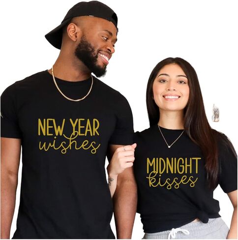 New Year Wishes Midnight Kisses Shirts – Couples Matching New Year’s Eve T-Shirts, Mr and Mrs Outfits, Pajama Tops for Husband, Wife, Boyfriend, or Girlfriend in Saudi Arabia