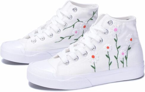 Women High-Top Fashion Sneakers with Floral Embroidery Birthday Gift Wedding Shoes for Bride White Canvas Tennis Walking Shoes in Saudi Arabia