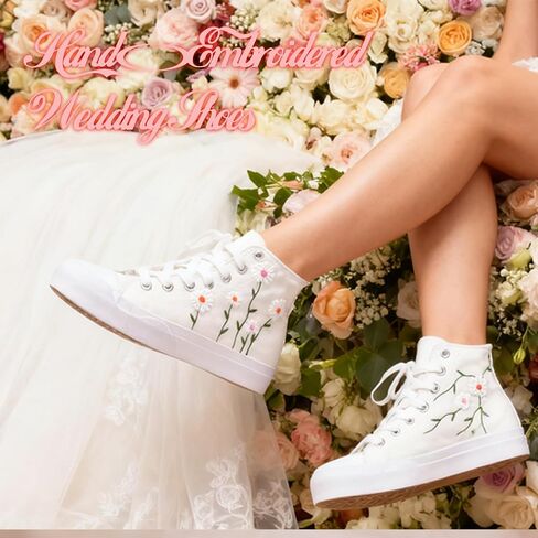 Women High-Top Fashion Sneakers with Floral Embroidery Birthday Gift Wedding Shoes for Bride White Canvas Tennis Walking Shoes in Saudi Arabia
