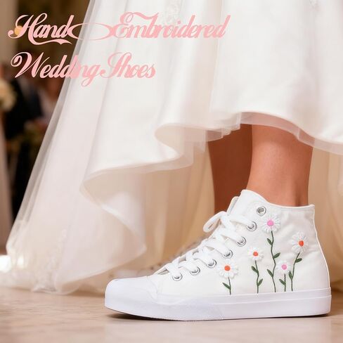 Women High-Top Fashion Sneakers with Floral Embroidery Birthday Gift Wedding Shoes for Bride White Canvas Tennis Walking Shoes in Saudi Arabia